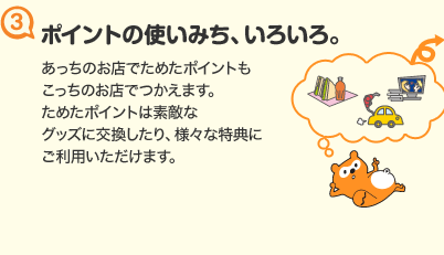 (3)ポイントの使いみち、いろいろ。あっちのお店でためたポイントもこっちのお店でつかえます。ためたポイントは素敵なグッズに交換したり、様々な特典にご利用いただけます。