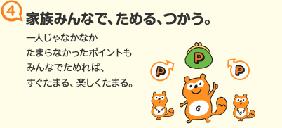 (4)家族みんなで、ためる、つかう。一人じゃなかなかたまらなかったポイントもみんなでためれば、すぐたまる、楽しくたまる。